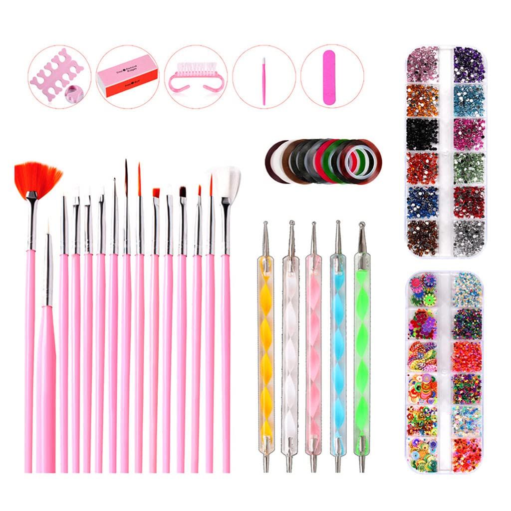 Nail Art Design Set, Professional Nail Art Tool Nail Art Brushes Dotting Pen Striping Tape Nail File Block Rhinestones Decoration VXN Beauty