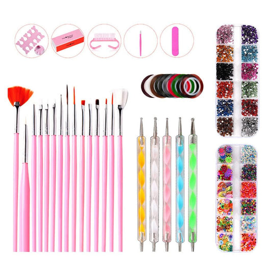 Nail Art Design Set, Professional Nail Art Tool Nail Art Brushes Dotting Pen Striping Tape Nail File Block Rhinestones Decoration VXN Beauty