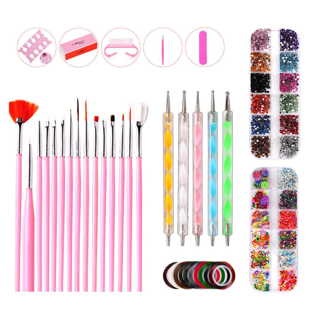 Nail Art Design Set, Professional Nail Art Tool Nail Art Brushes Dotting Pen Striping Tape Nail File Block Rhinestones Decoration VXN Beauty
