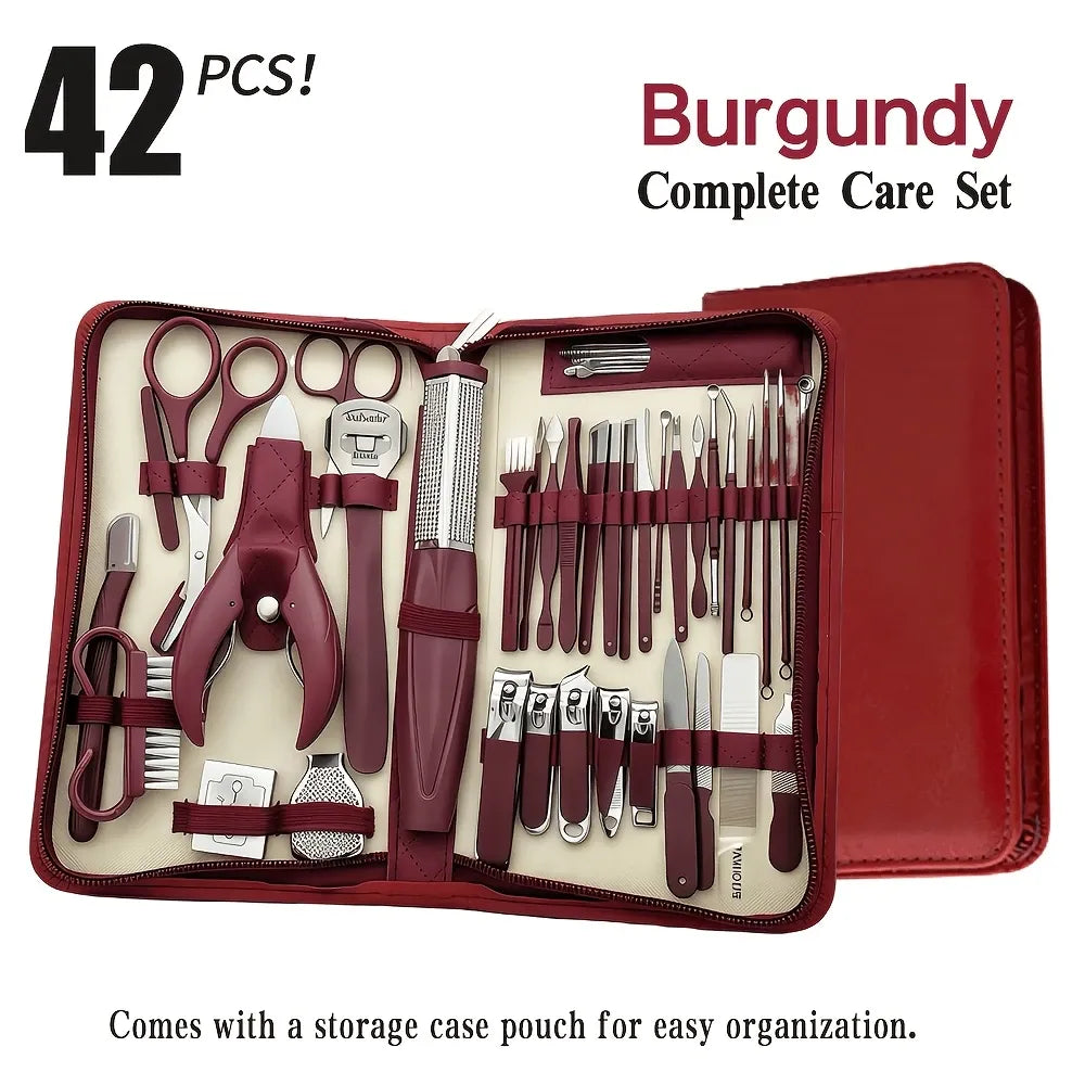 ✨ 42-Piece Stainless Steel Manicure & Pedicure Set | Sharp & Rust-Resistant | Classic Leather Case, Perfect for Thick Toenails, Ideal Gift for Men & Women/wine red VXN Beauty