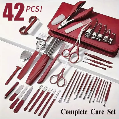 ✨ 42-Piece Stainless Steel Manicure & Pedicure Set | Sharp & Rust-Resistant | Classic Leather Case, Perfect for Thick Toenails, Ideal Gift for Men & Women/wine red VXN Beauty