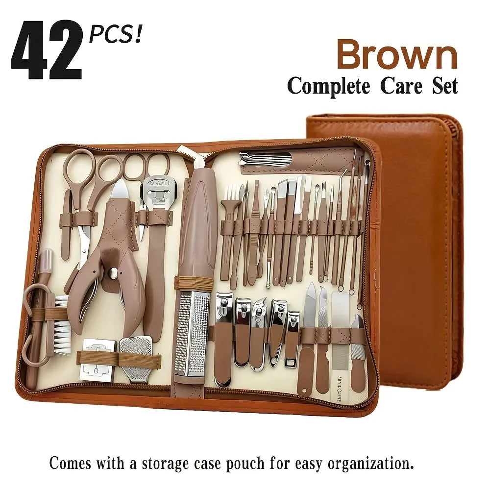 ✨ 42-Piece Stainless Steel Manicure & Pedicure Set | Sharp & Rust-Resistant | Classic Leather Case, Perfect for Thick Toenails, Ideal Gift for Men & Women/wine red VXN Beauty