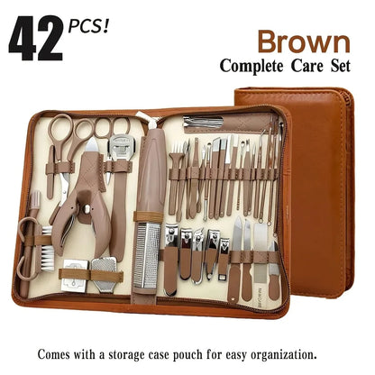 ✨ 42-Piece Stainless Steel Manicure & Pedicure Set | Sharp & Rust-Resistant | Classic Leather Case, Perfect for Thick Toenails, Ideal Gift for Men & Women/BROWN VXN Beauty