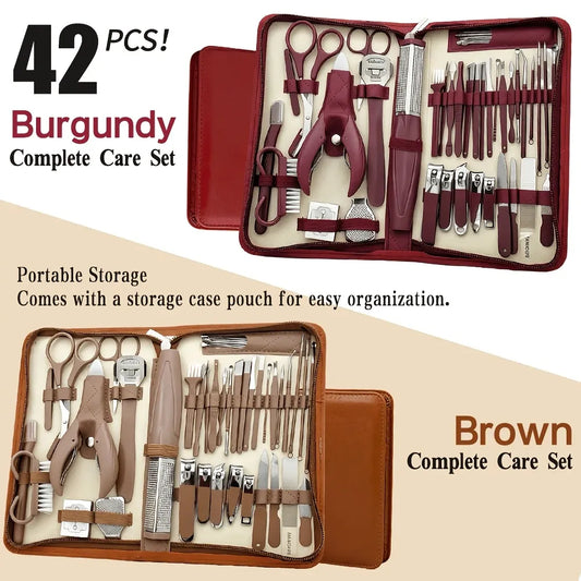 ✨ 42-Piece Stainless Steel Manicure & Pedicure Set | Sharp & Rust-Resistant | Classic Leather Case, Perfect for Thick Toenails, Ideal Gift for Men & Women/BROWN VXN Beauty