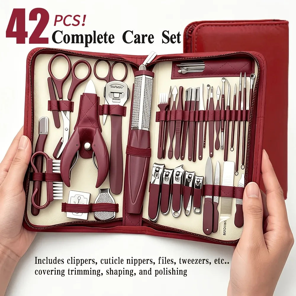 ✨ 42-Piece Stainless Steel Manicure & Pedicure Set | Sharp & Rust-Resistant | Classic Leather Case, Perfect for Thick Toenails, Ideal Gift for Men & Women/BROWN VXN Beauty