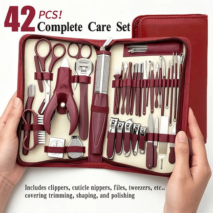 ✨ 42-Piece Stainless Steel Manicure & Pedicure Set | Sharp & Rust-Resistant | Classic Leather Case, Perfect for Thick Toenails, Ideal Gift for Men & Women/BROWN VXN Beauty
