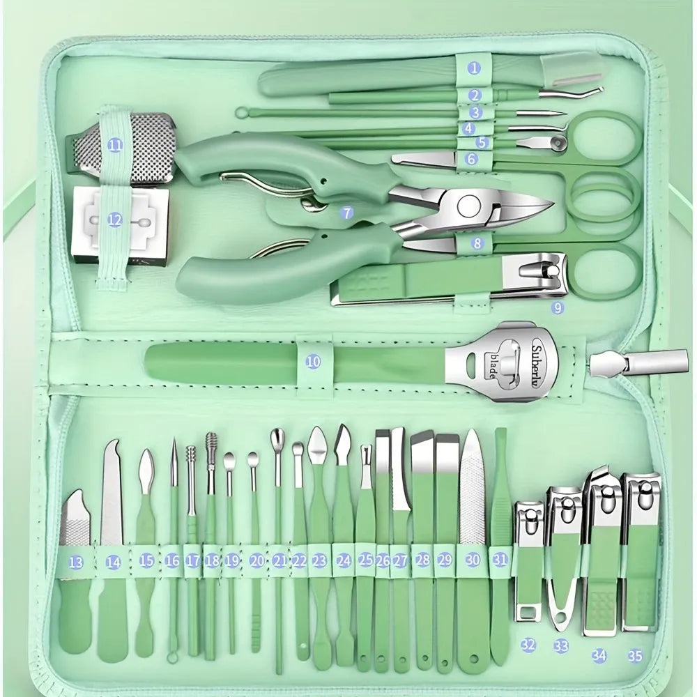 35-in-1 Mint Green Grooming Kit, Stainless Steel Nail Clippers & Foot Care Set with Travel Case, Pedicure Tools for Ingrown Toenails, Perfect Gift VXN Beauty
