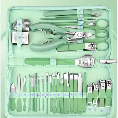 35-in-1 Mint Green Grooming Kit, Stainless Steel Nail Clippers & Foot Care Set with Travel Case, Pedicure Tools for Ingrown Toenails, Perfect Gift VXN Beauty