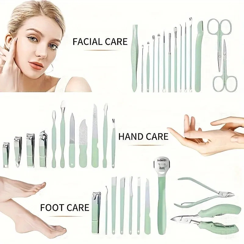 35-in-1 Mint Green Grooming Kit, Stainless Steel Nail Clippers & Foot Care Set with Travel Case, Pedicure Tools for Ingrown Toenails, Perfect Gift VXN Beauty