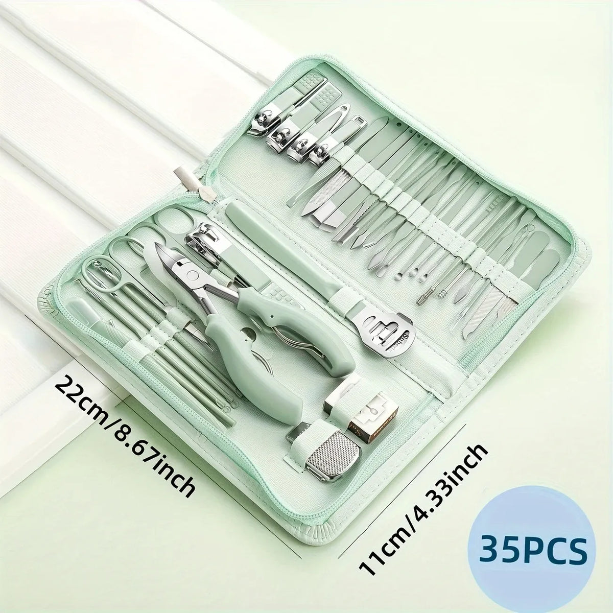 35-in-1 Mint Green Grooming Kit, Stainless Steel Nail Clippers & Foot Care Set with Travel Case, Pedicure Tools for Ingrown Toenails, Perfect Gift VXN Beauty