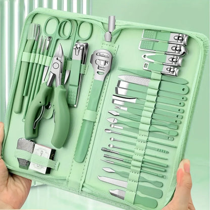 35-in-1 Mint Green Grooming Kit, Stainless Steel Nail Clippers & Foot Care Set with Travel Case, Pedicure Tools for Ingrown Toenails, Perfect Gift VXN Beauty