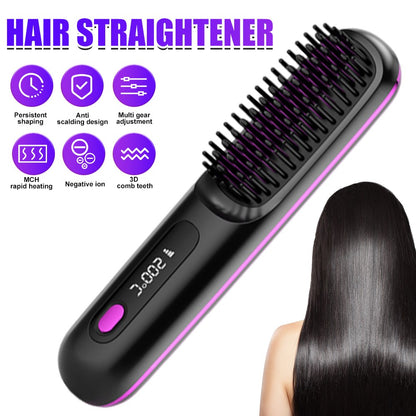 Black Hair Straightener Brush Travel Mini Rechargeable Hair Styler Fast Heating VXN Beauty