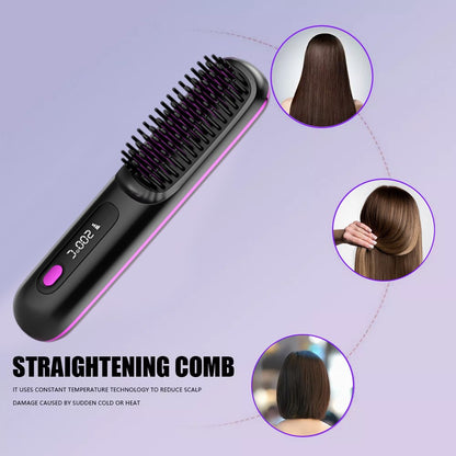 Black Hair Straightener Brush Travel Mini Rechargeable Hair Styler Fast Heating VXN Beauty