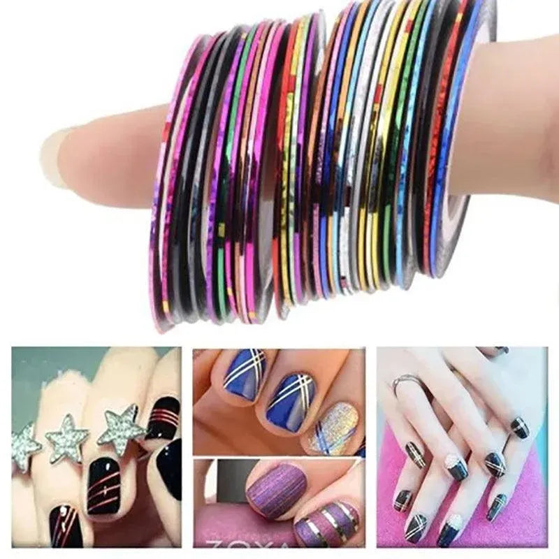 32Pcs Nail Striping Tape Metallic Laser Line Sticker Rolls Manicure Diy Mixed Au VXN Beauty