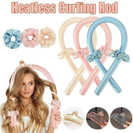 Heatless Curling Rod Headband Silk Curling Ribbon Hair Roller Lazy Curler Sets - 3Pcs/Set A (Pink，No Clip) VXN Beauty