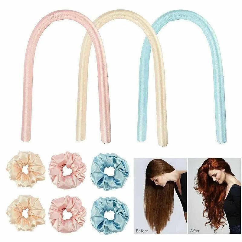 Heatless Curling Rod Headband Silk Curling Ribbon Hair Roller Lazy Curler Sets - 4Pcs/Set B (Pink，With Clip) VXN Beauty