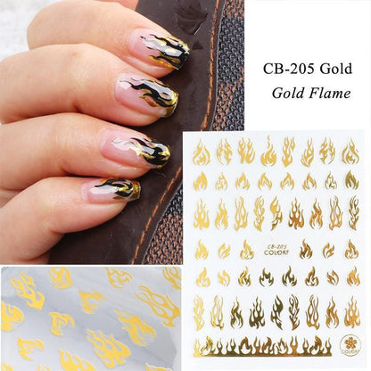 3D Flame Nail Stickers Fire Design Manicure Decals Self Adhesive Nail Art Sheet - Gold VXN Beauty