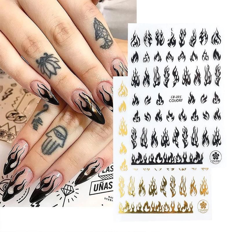 3D Flame Nail Stickers Fire Design Manicure Decals Self Adhesive Nail Art Sheet - Gold VXN Beauty