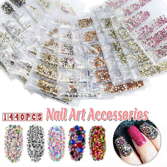 1440Pcs Glitter Rhinestones Crystal Clear Flat Bottom Glass Nail Art Nail Drill - Blue VXN Beauty