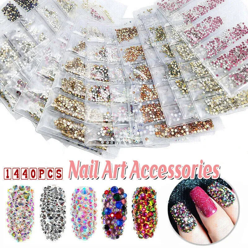 1440Pcs Glitter Rhinestones Crystal Clear Flat Bottom Glass Nail Art Nail Drill - Gold VXN Beauty