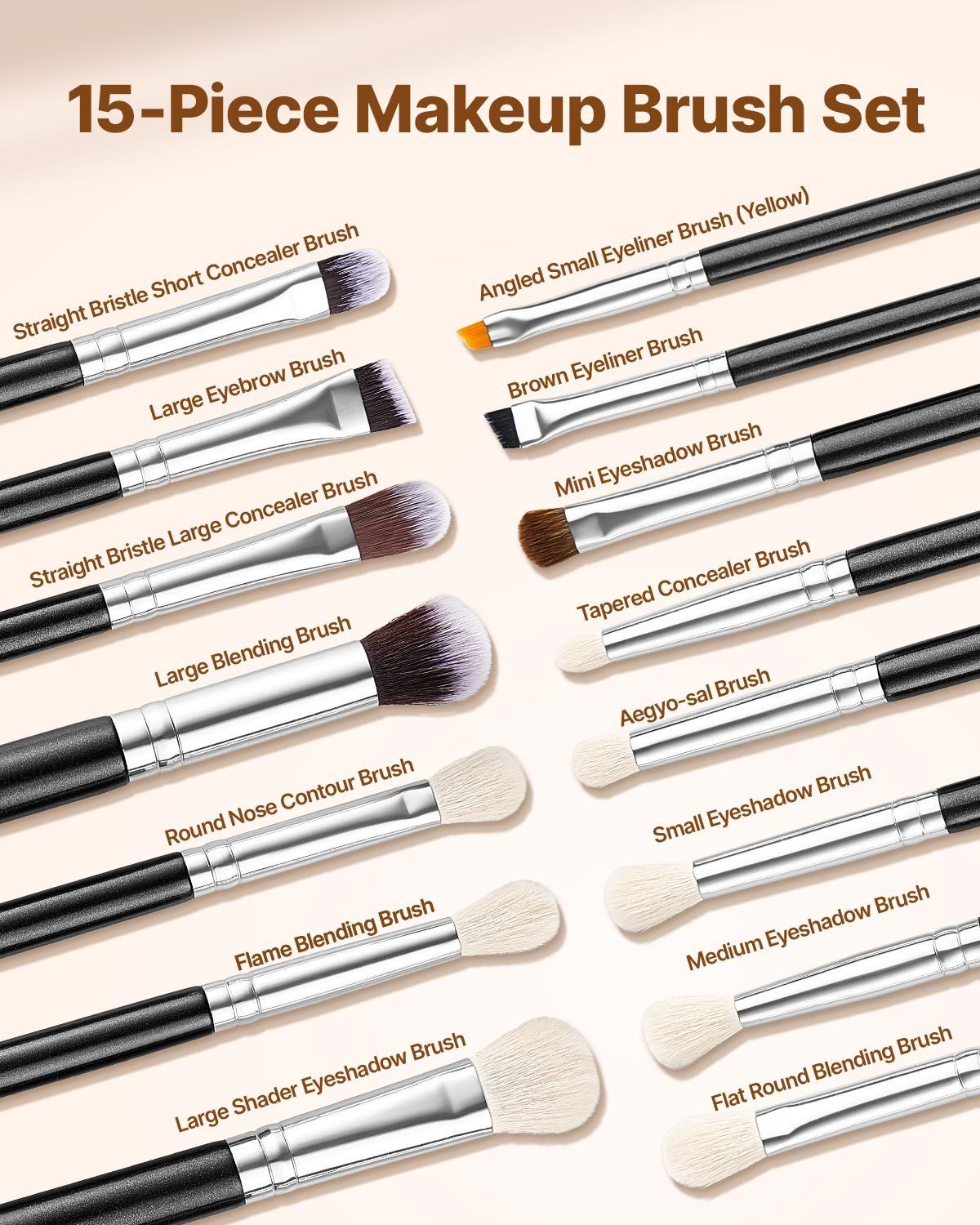 15-Piece Makeup Brush Set for Foundation Blending Eyeshadow, Portable and Travel-Friendly VXN Beauty