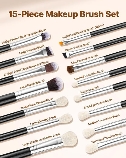 15-Piece Makeup Brush Set for Foundation Blending Eyeshadow, Portable and Travel-Friendly VXN Beauty