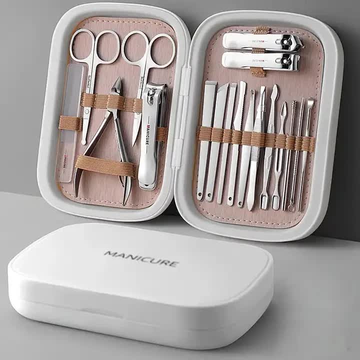 White 18-Piece Manicure and Pedicure Set - Stainless Steel Nail Clipper Kit | Professional Nail Care Grooming Tools | Compact Portable Case VXN Beauty