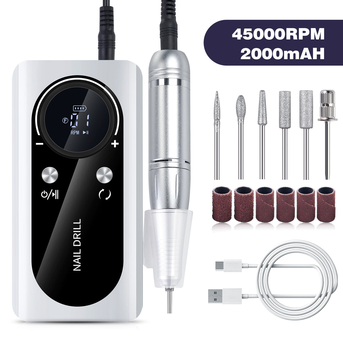 White Professional 45000RPM Rechargeable Nail Drill - Portable Electric Nail File for Manicure & Pedicure VXN Beauty