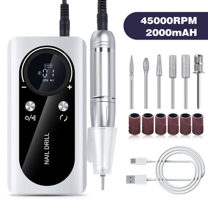 White Professional 45000RPM Rechargeable Nail Drill - Portable Electric Nail File for Manicure & Pedicure VXN Beauty
