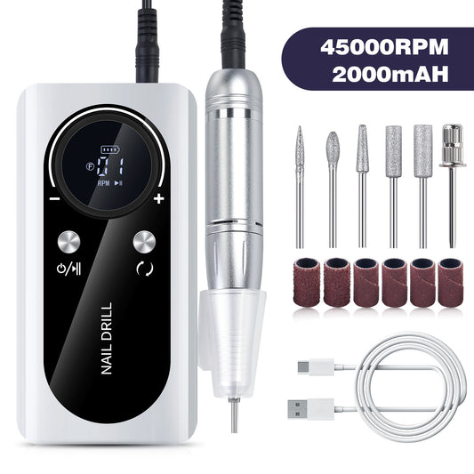 White Professional 45000RPM Rechargeable Nail Drill - Portable Electric Nail File for Manicure & Pedicure VXN Beauty