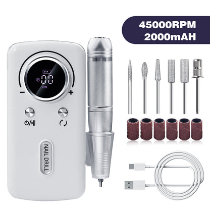 White Professional Electric Nail Drill, 45000RPM Rechargeable Nail Grinder Polisher for Salon & Home Use VXN Beauty