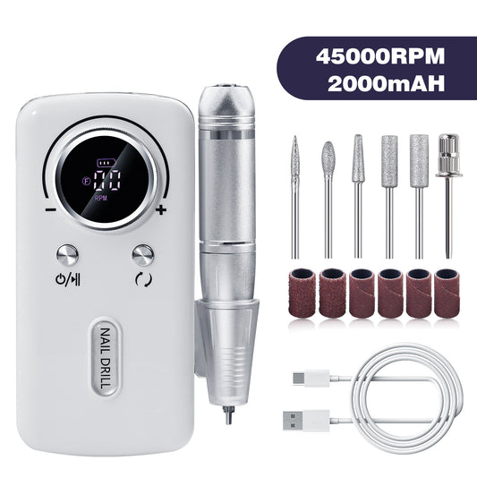 White Professional Electric Nail Drill, 45000RPM Rechargeable Nail Grinder Polisher for Salon & Home Use VXN Beauty