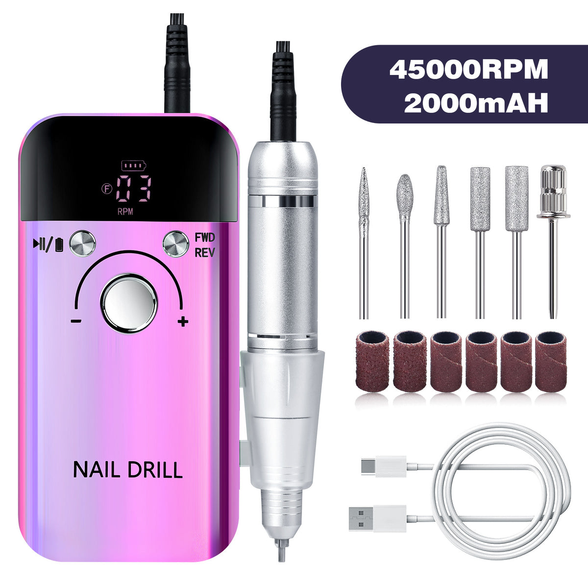 Purple High Speed Portable Nail Drill Set - Electric Nail File Set with 6 Nail Drill Bits VXN Beauty