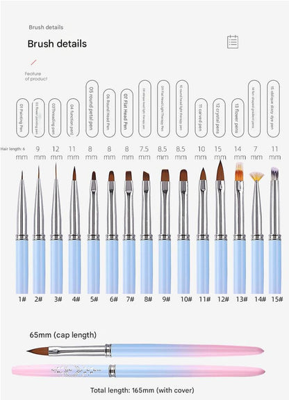 Professional Nail Art Brush Kit (15pcs) - Gradient Handles Manicure Tools VXN Beauty