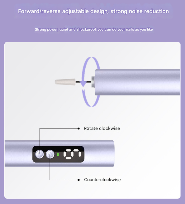 Purple Professional Electric Nail File Kit - Portable USB-C Rechargeable Manicure Drill with 6 Speeds & 5 Heads VXN Beauty