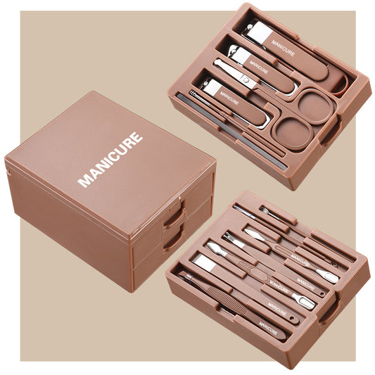 Coffee Professional 13-Piece Manicure & Pedicure Set - Anti-Splash Carbon Steel Nail Clippers Kit with Compact Drawer Organizer VXN Beauty