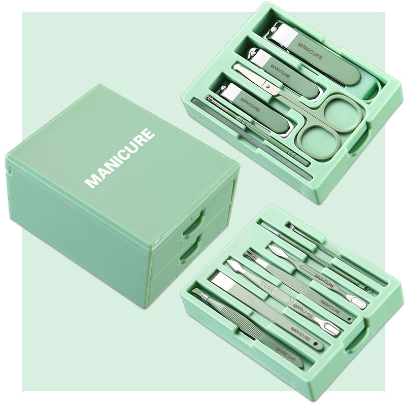 Green Professional 13-Piece Manicure & Pedicure Set - Anti-Splash Carbon Steel Nail Clippers Kit with Compact Drawer Organizer VXN Beauty