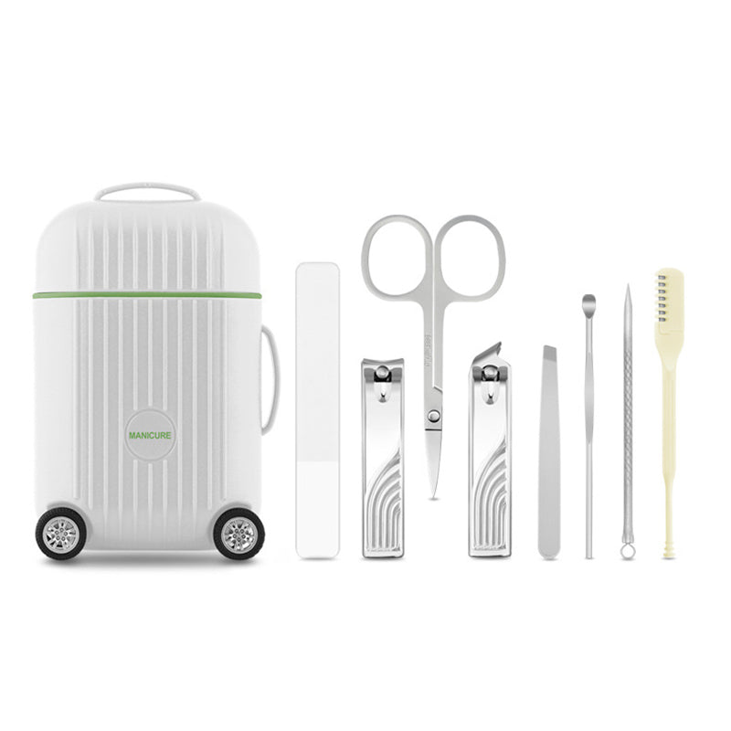White Mini Suitcase Manicure Set - 8-Piece Portable Grooming & Nail Care Travel Kit VXN Beauty