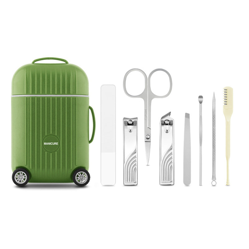 Green Mini Suitcase Manicure Set - 8-Piece Portable Grooming & Nail Care Travel Kit VXN Beauty