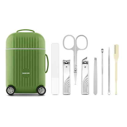 Green Mini Suitcase Manicure Set - 8-Piece Portable Grooming & Nail Care Travel Kit VXN Beauty
