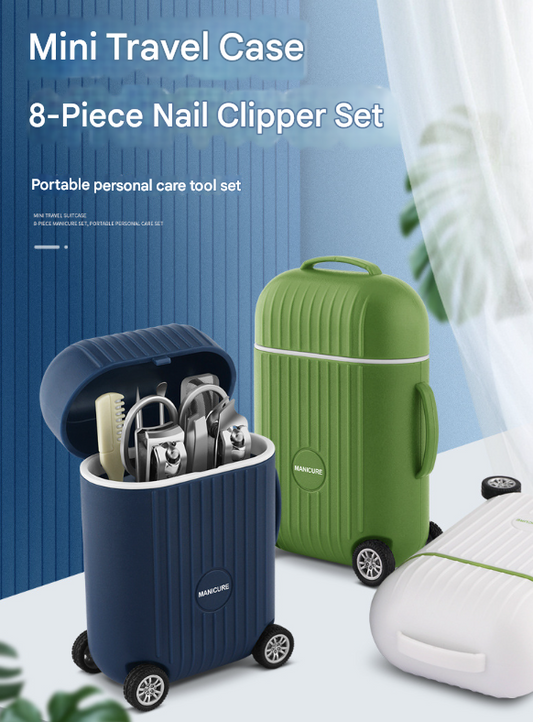 Green Mini Suitcase Manicure Set - 8-Piece Portable Grooming & Nail Care Travel Kit VXN Beauty