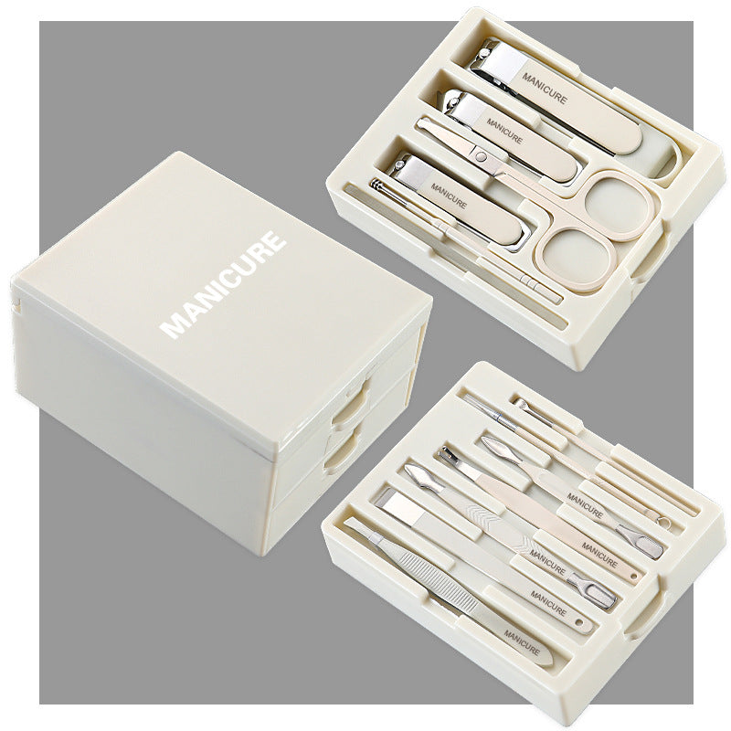 White Professional 13-Piece Manicure & Pedicure Set - Anti-Splash Carbon Steel Nail Clippers Kit with Compact Drawer Organizer VXN Beauty