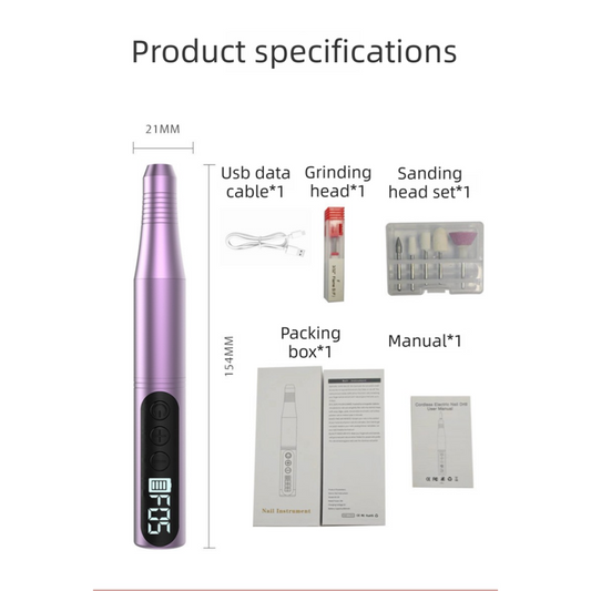 Purple Portable Wireless Professional Electric Nail Drill Machine Includeing 6 Nail Drill Bits- High-Speed 20000 RPM, Adjustable 4-Speeds with LCD Display VXN Beauty
