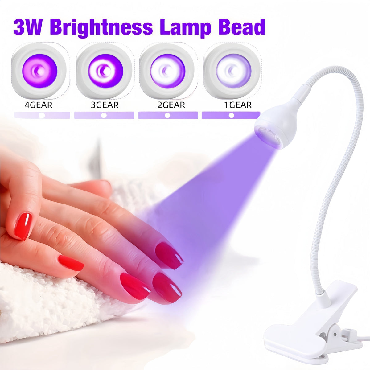 White 3W UV LED Gel Nail Curing Lamp Clip On Flexible Gooseneck Light 4 Brightness Levels for Gel Polish and Resin Curing VXN Beauty