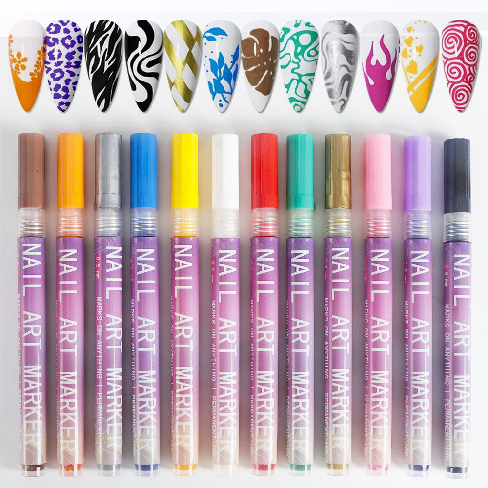 12 Piece Nail Art Graffiti Pen Set Acrylic Fine Tip Paint Markers for DIY Manicure & Salon Designs Waterproof Quick Dry VXN Beauty