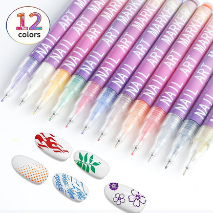 12 Piece Nail Art Graffiti Pen Set Acrylic Fine Tip Paint Markers for DIY Manicure & Salon Designs Waterproof Quick Dry VXN Beauty