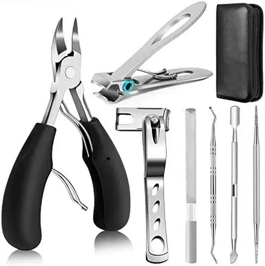 7-Piece Professional Ingrown Toenail Tool Kit - Stainless Steel Precision Pedicure Set with Black Eagle-Nose Clippers & Leather Storage Case VXN Beauty