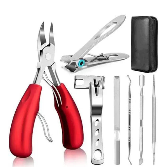 7-Piece Professional Ingrown Toenail Tool Kit - Stainless Steel Precision Pedicure Set with Red Eagle-Nose Clippers & Leather Storage Case VXN Beauty