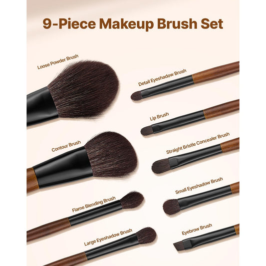9-Piece Makeup Brush Set for Foundation Blending Eyeshadow, Professional Makeup Brush Kit with Soft Natural Wool & Vegan Synthetic Bristles, Ergonomic Wood Handle, Travel-Friendly Storage Bag VXN Beauty