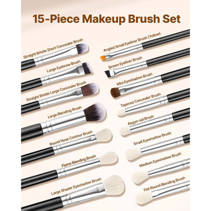15-Piece Makeup Brush Set for Foundation Blending Eyeshadow, Professional Vegan Brushes with Soft Synthetic Bristles, Ergonomic Wood Handle & Aluminum Ferrule, Portable and Travel-Friendly VXN Beauty